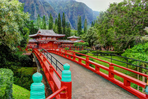 A bridge leads to Byodo-In Temple